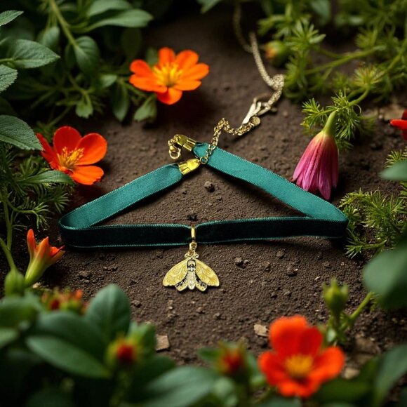 Forest Green Velvet Moth Choker Necklace Gothic Witchy Jewelry with Gold Moth - Picture 2 of 4